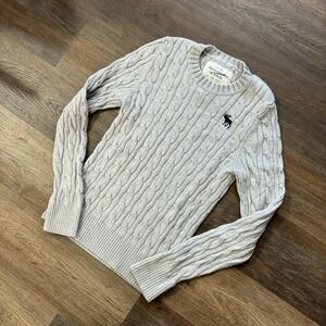 Y2K Style Abercrombie & Fitch Gray L/S Cable Knit Sweater Sz L Crewneck Preppy‎
